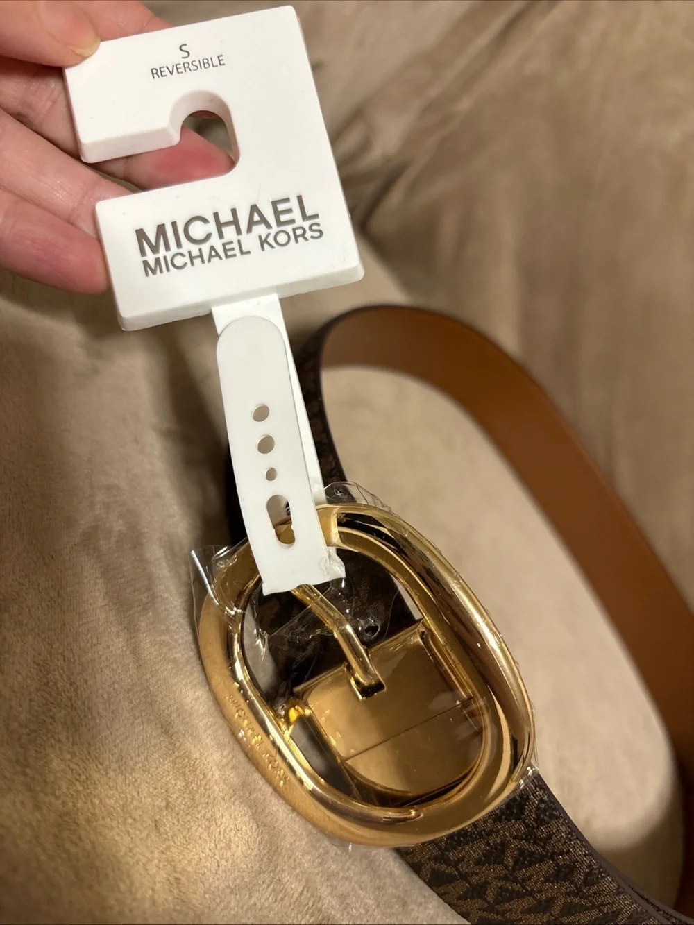 Authentic Michael Kors Reversible Logo Monogram Belt Brown/Gold Hard Size Small